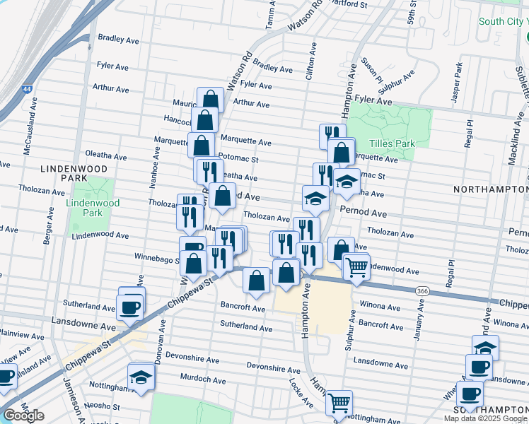 map of restaurants, bars, coffee shops, grocery stores, and more near 6311 Tholozan Avenue in St. Louis