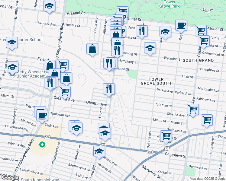 map of restaurants, bars, coffee shops, grocery stores, and more near 3418 Morgan Ford Road in St. Louis