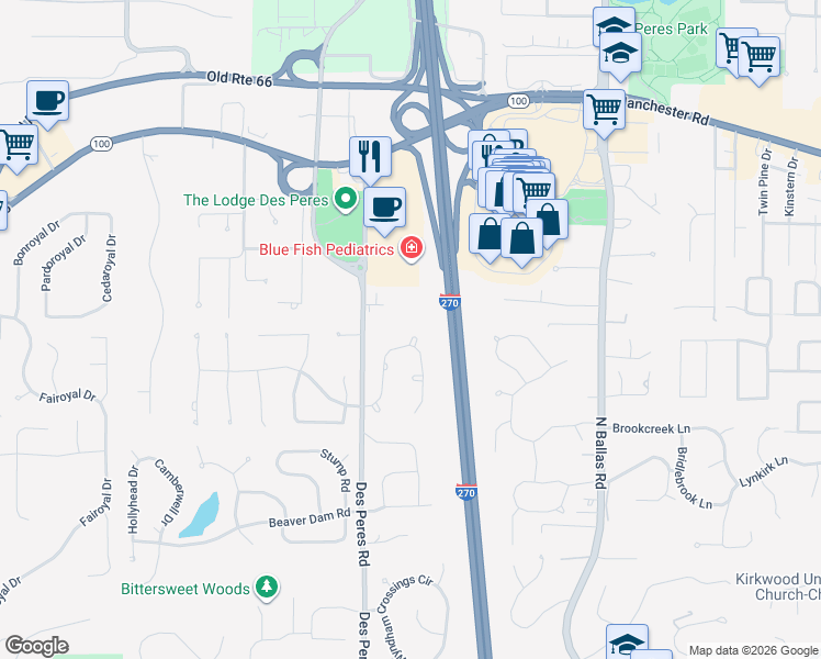 map of restaurants, bars, coffee shops, grocery stores, and more near 12747 Wynfield Pines Court in Des Peres