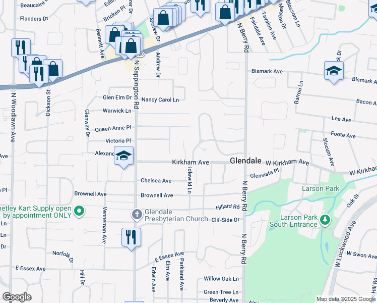map of restaurants, bars, coffee shops, grocery stores, and more near 1112 Kirkham Avenue in St. Louis