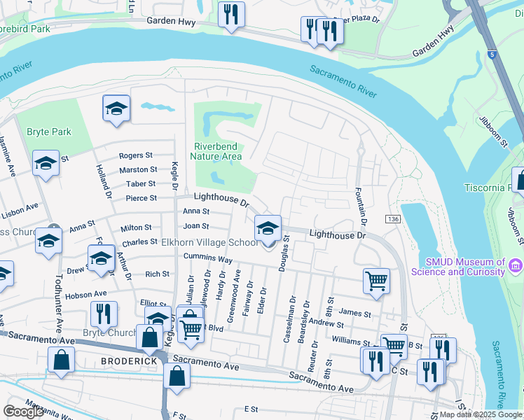 map of restaurants, bars, coffee shops, grocery stores, and more near 814 Lighthouse Drive in West Sacramento