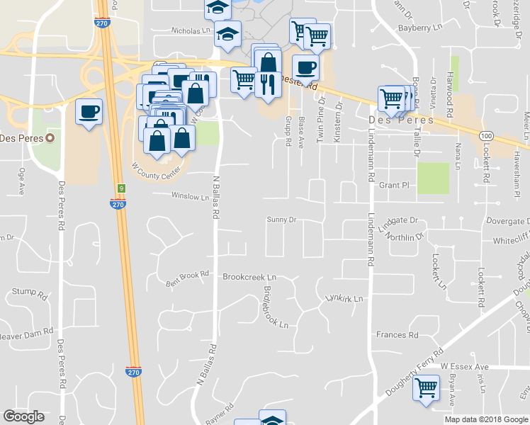 map of restaurants, bars, coffee shops, grocery stores, and more near 1911 Sunny Drive in Kirkwood