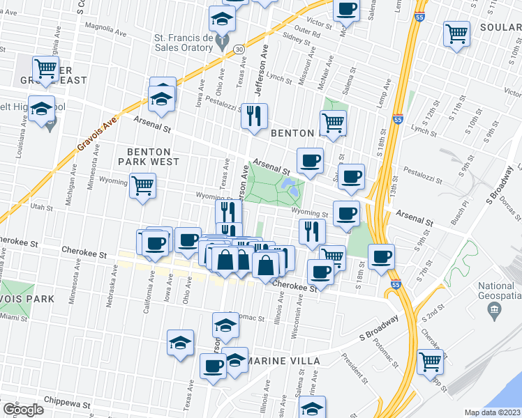map of restaurants, bars, coffee shops, grocery stores, and more near 2222 Wyoming Street in St. Louis
