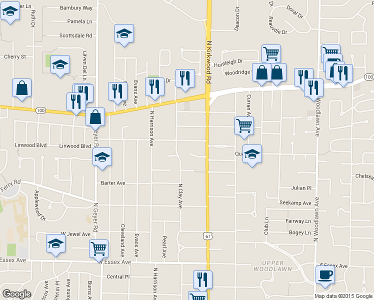 map of restaurants, bars, coffee shops, grocery stores, and more near 13 Garden Lane in Kirkwood