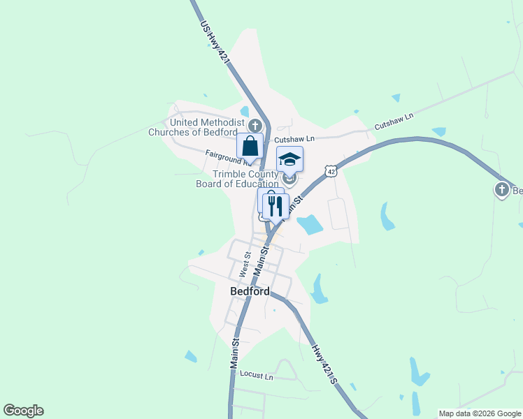 map of restaurants, bars, coffee shops, grocery stores, and more near 79 U.S. 421 in Bedford