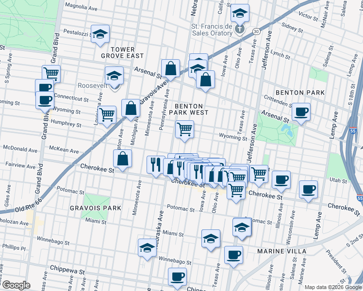 map of restaurants, bars, coffee shops, grocery stores, and more near 3237 Oregon Avenue in St. Louis