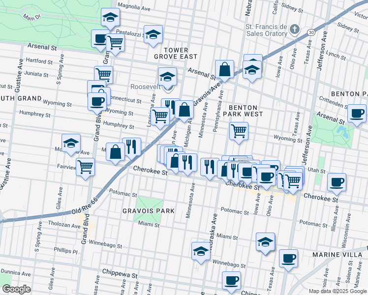 map of restaurants, bars, coffee shops, grocery stores, and more near 3259 Michigan Avenue in St. Louis