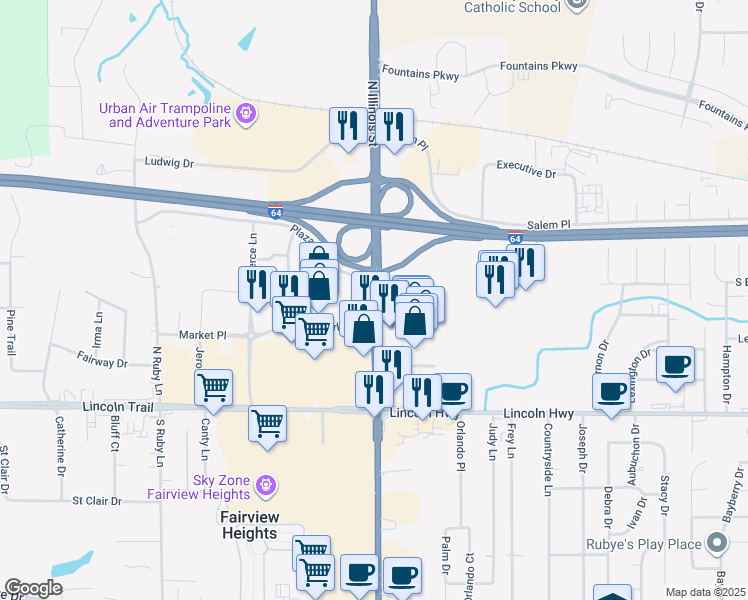map of restaurants, bars, coffee shops, grocery stores, and more near Route 159 in Fairview Heights