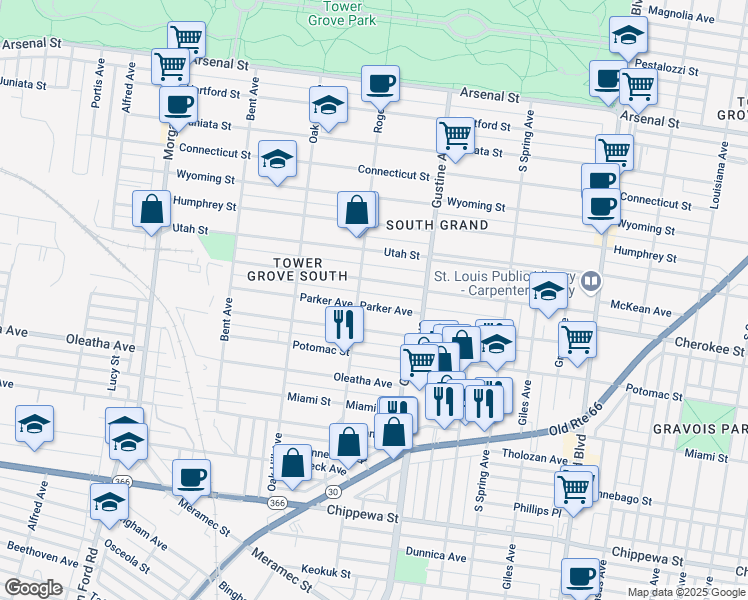 map of restaurants, bars, coffee shops, grocery stores, and more near 3357 Roger Place in St. Louis