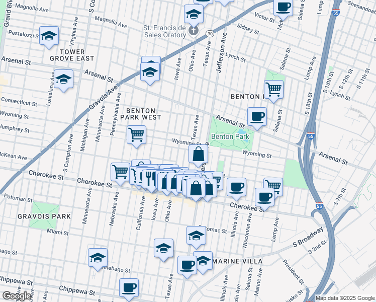 map of restaurants, bars, coffee shops, grocery stores, and more near 2638 Wyoming Street in St. Louis