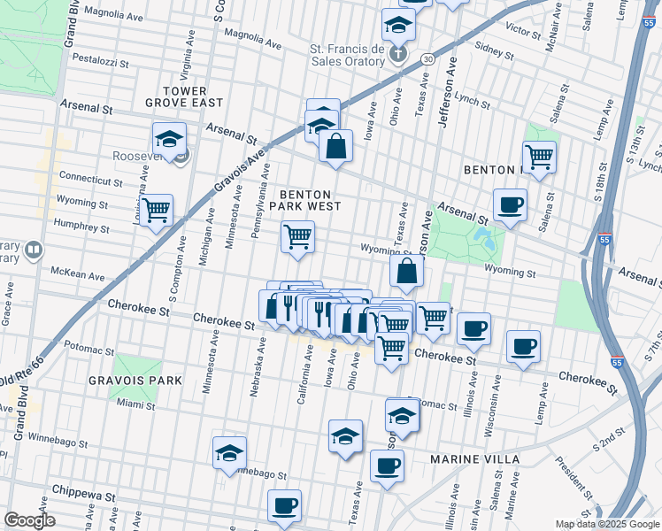 map of restaurants, bars, coffee shops, grocery stores, and more near 3232 California Avenue in St. Louis