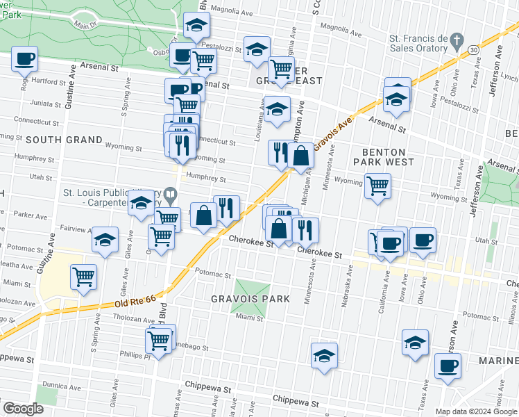 map of restaurants, bars, coffee shops, grocery stores, and more near 3296 Historic U.S. 66 in St. Louis
