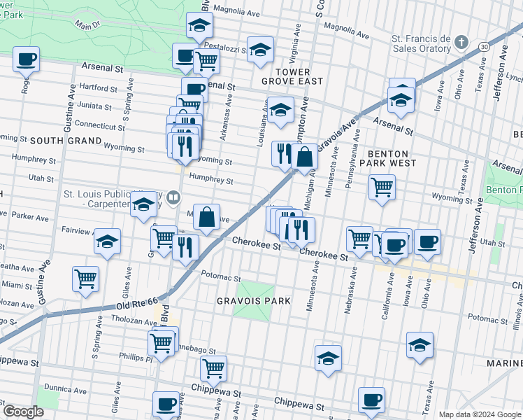 map of restaurants, bars, coffee shops, grocery stores, and more near 3296 Historic U.S. 66 in St. Louis