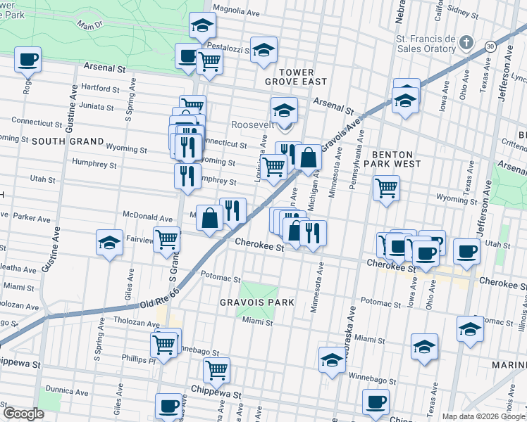 map of restaurants, bars, coffee shops, grocery stores, and more near 3296 Historic U.S. 66 in St. Louis