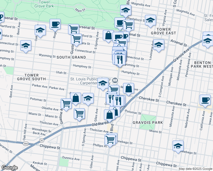 map of restaurants, bars, coffee shops, grocery stores, and more near 3629 McDonald Avenue in St. Louis