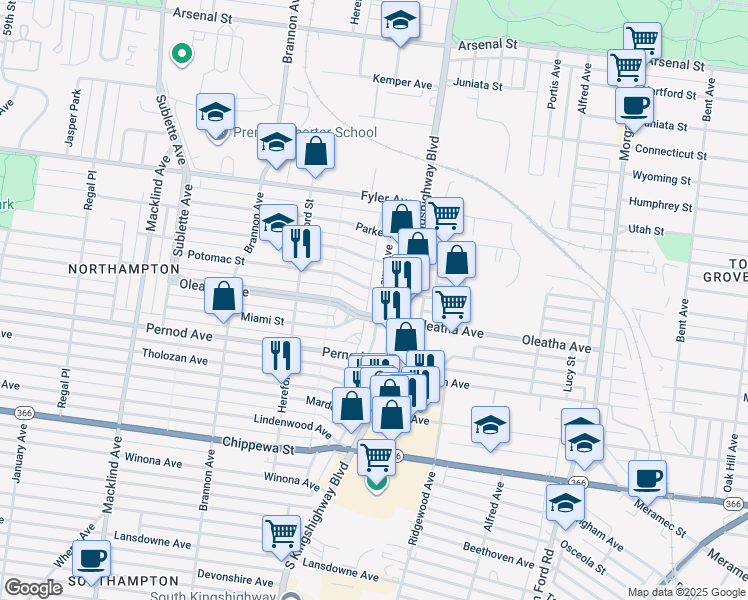 map of restaurants, bars, coffee shops, grocery stores, and more near 4941 Oleatha Avenue in St. Louis