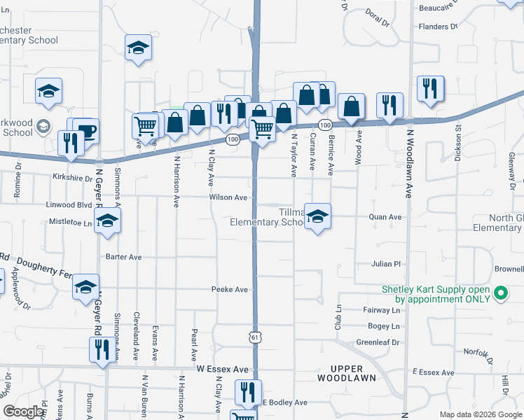 map of restaurants, bars, coffee shops, grocery stores, and more near 903 North Kirkwood Road in Kirkwood