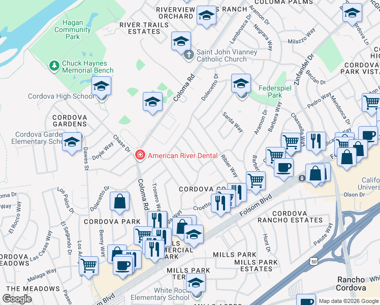 map of restaurants, bars, coffee shops, grocery stores, and more near 2530 Augibi Way in Rancho Cordova