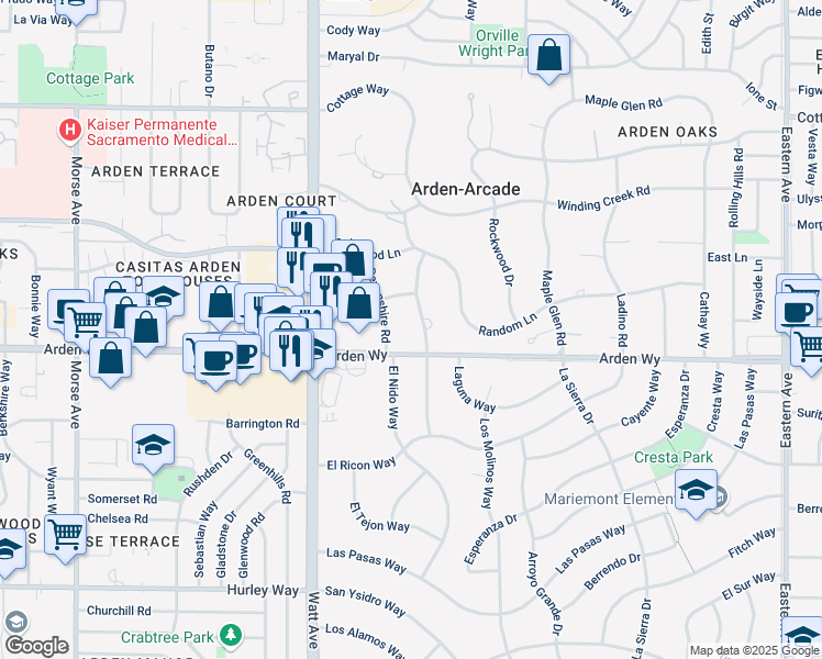 map of restaurants, bars, coffee shops, grocery stores, and more near 1720 La Playa Way in Sacramento