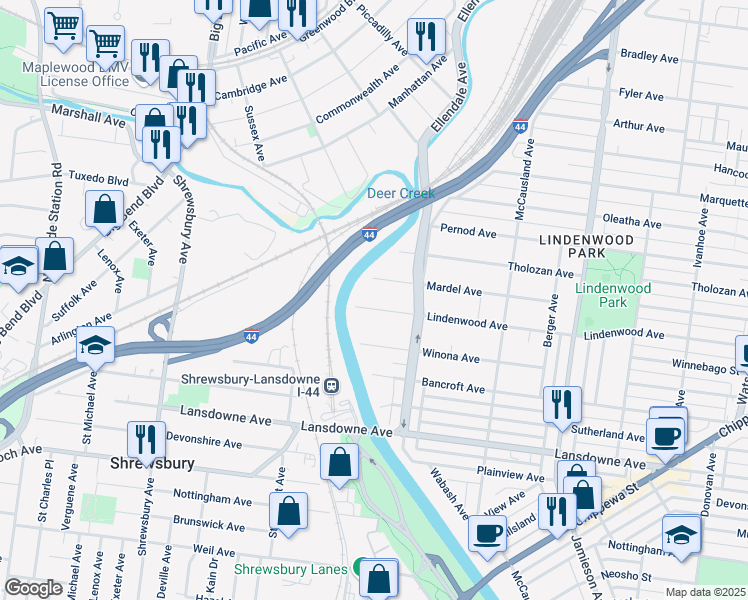 map of restaurants, bars, coffee shops, grocery stores, and more near 7165 Lindenwood Place in St. Louis