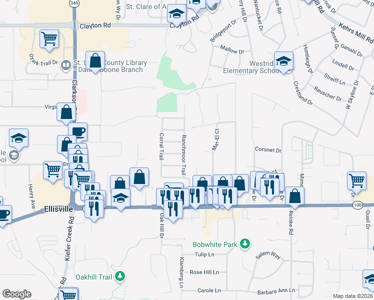 map of restaurants, bars, coffee shops, grocery stores, and more near 159 Ranchmoor Trail in Ellisville