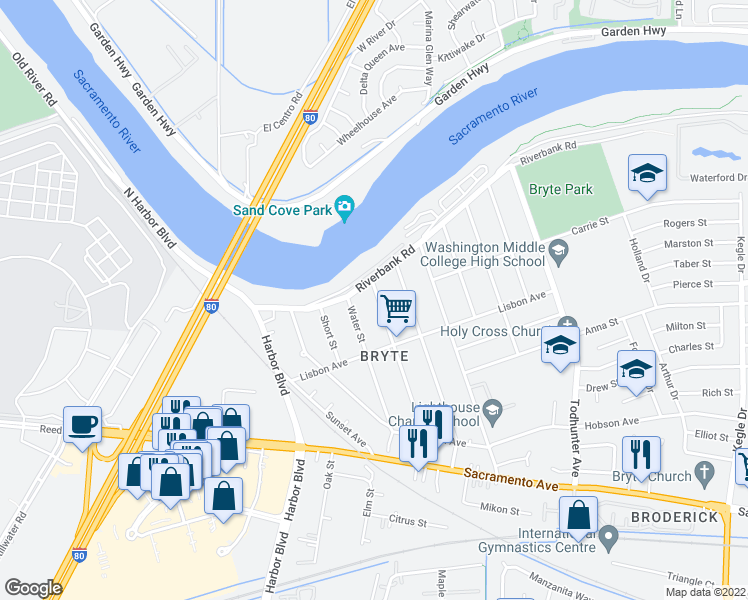 map of restaurants, bars, coffee shops, grocery stores, and more near 532 Solano Street in West Sacramento