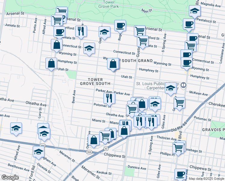 map of restaurants, bars, coffee shops, grocery stores, and more near 3357 Roger Place in St. Louis