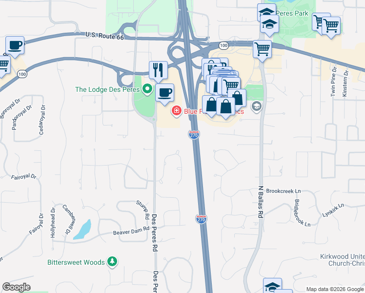 map of restaurants, bars, coffee shops, grocery stores, and more near 12747 Wynfield Pines Court in Des Peres