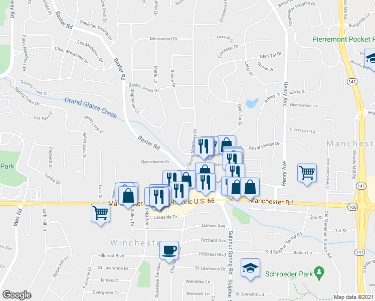 map of restaurants, bars, coffee shops, grocery stores, and more near 302 Brightsand Court in Ballwin
