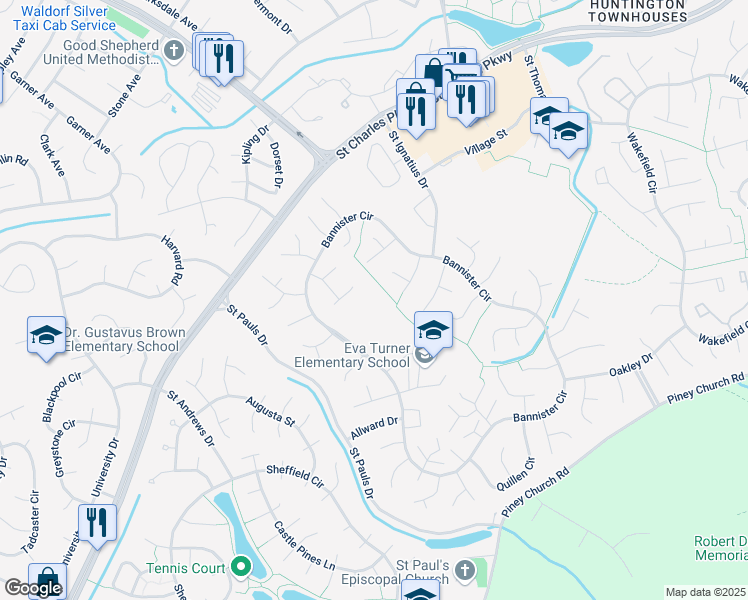 map of restaurants, bars, coffee shops, grocery stores, and more near 1701 Brightwell Court in Waldorf