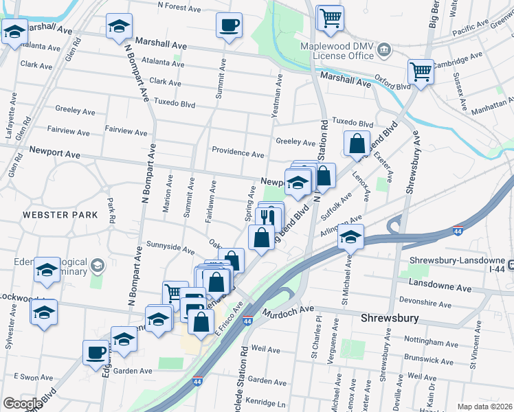map of restaurants, bars, coffee shops, grocery stores, and more near 350 Spring Avenue in Webster Groves