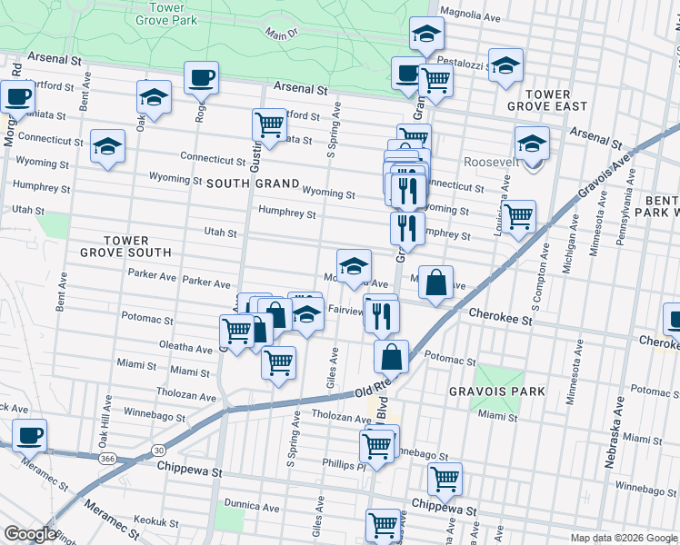 map of restaurants, bars, coffee shops, grocery stores, and more near 3701 McDonald Avenue in St. Louis