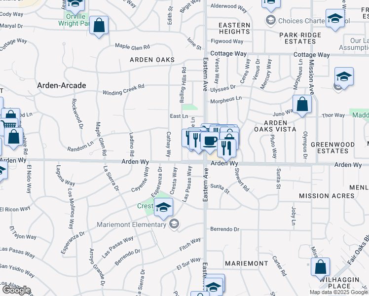 map of restaurants, bars, coffee shops, grocery stores, and more near 1720 Rolling Hills Road in Sacramento