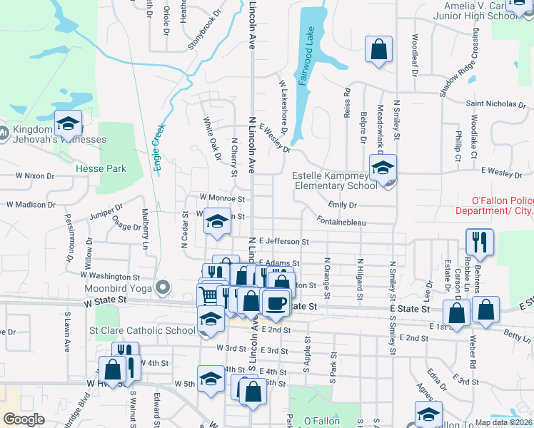 map of restaurants, bars, coffee shops, grocery stores, and more near 110 East Madison Street in O'Fallon