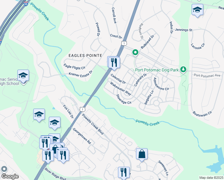 map of restaurants, bars, coffee shops, grocery stores, and more near 2827 Wakewater Way in Woodbridge