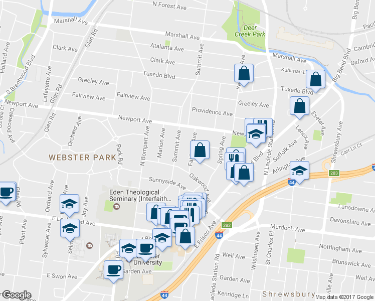 map of restaurants, bars, coffee shops, grocery stores, and more near 345 Fairlawn Avenue in Webster Groves
