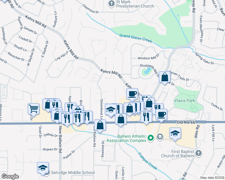 map of restaurants, bars, coffee shops, grocery stores, and more near 129 Shirley Lane in Ballwin