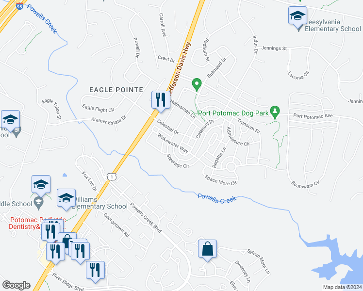 map of restaurants, bars, coffee shops, grocery stores, and more near 2730 Wakewater Way in Woodbridge