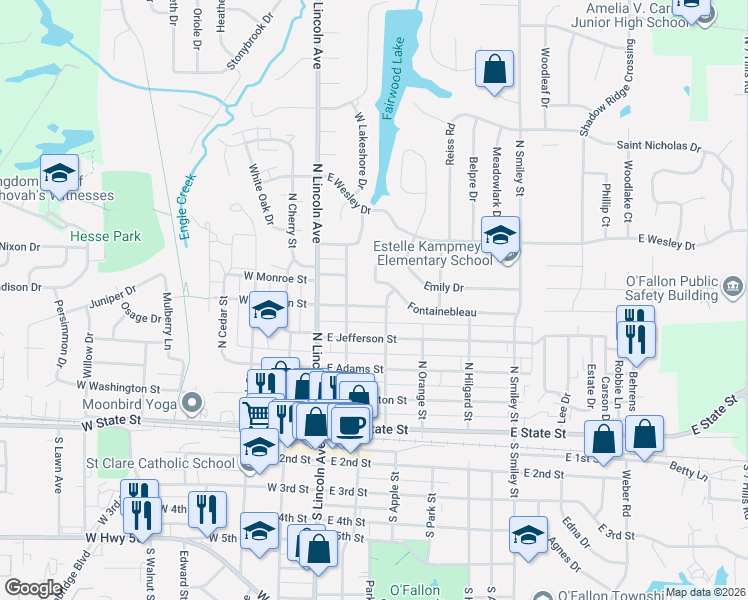 map of restaurants, bars, coffee shops, grocery stores, and more near 208 East Madison Street in O'Fallon
