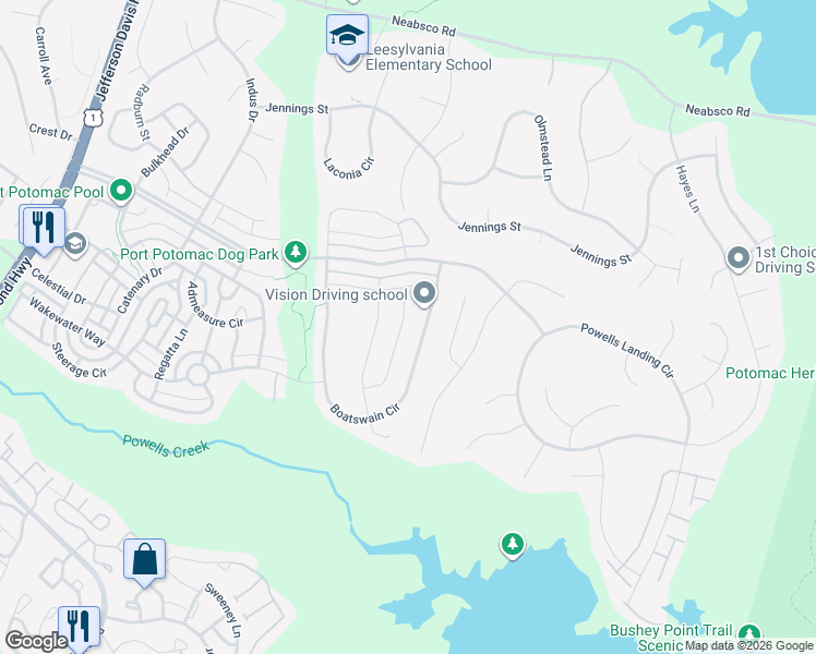 map of restaurants, bars, coffee shops, grocery stores, and more near 16370 Topsail Lane in Woodbridge