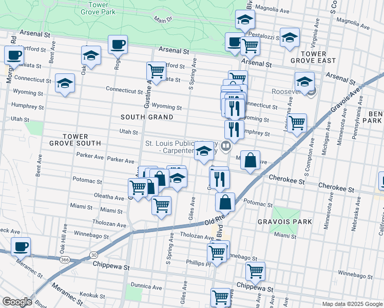 map of restaurants, bars, coffee shops, grocery stores, and more near 3709 McDonald Avenue in St. Louis