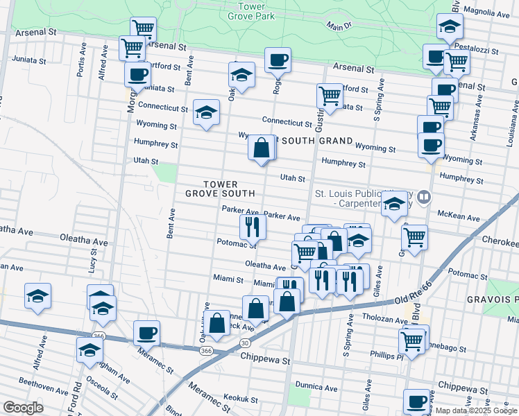 map of restaurants, bars, coffee shops, grocery stores, and more near 3357 Roger Place in St. Louis