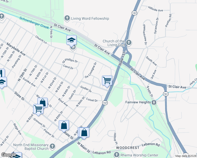 map of restaurants, bars, coffee shops, grocery stores, and more near 9 Bouganville Drive in East St. Louis