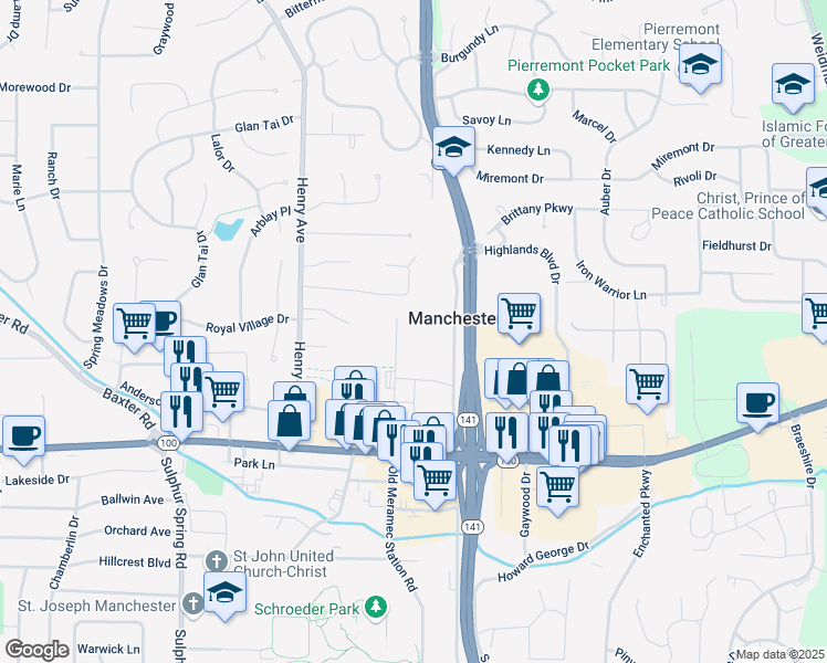 map of restaurants, bars, coffee shops, grocery stores, and more near 230 Creve Coeur Avenue in Ballwin