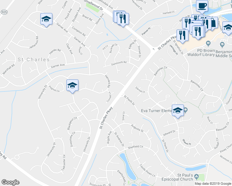 map of restaurants, bars, coffee shops, grocery stores, and more near 1105 Cornell Court in Waldorf