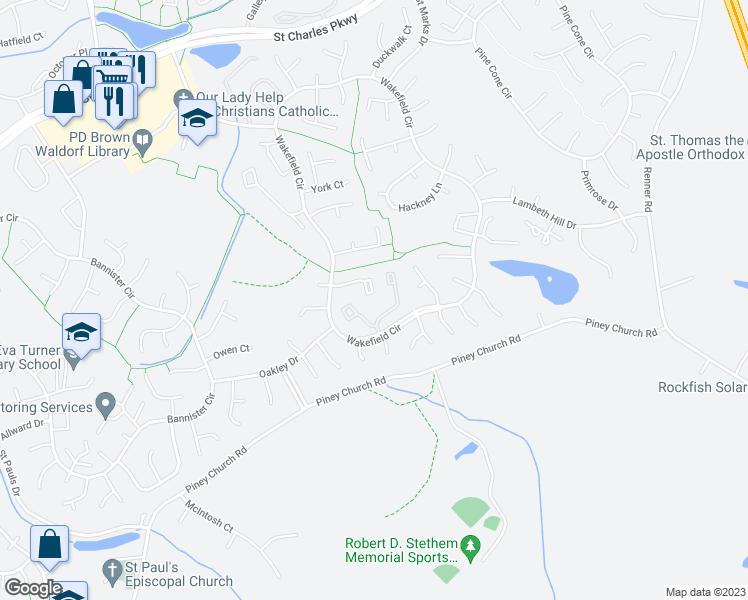 map of restaurants, bars, coffee shops, grocery stores, and more near 2559 Robinson Place in Waldorf