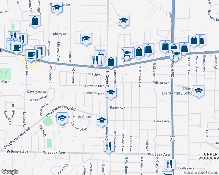 map of restaurants, bars, coffee shops, grocery stores, and more near 960 North Geyer Road in Kirkwood
