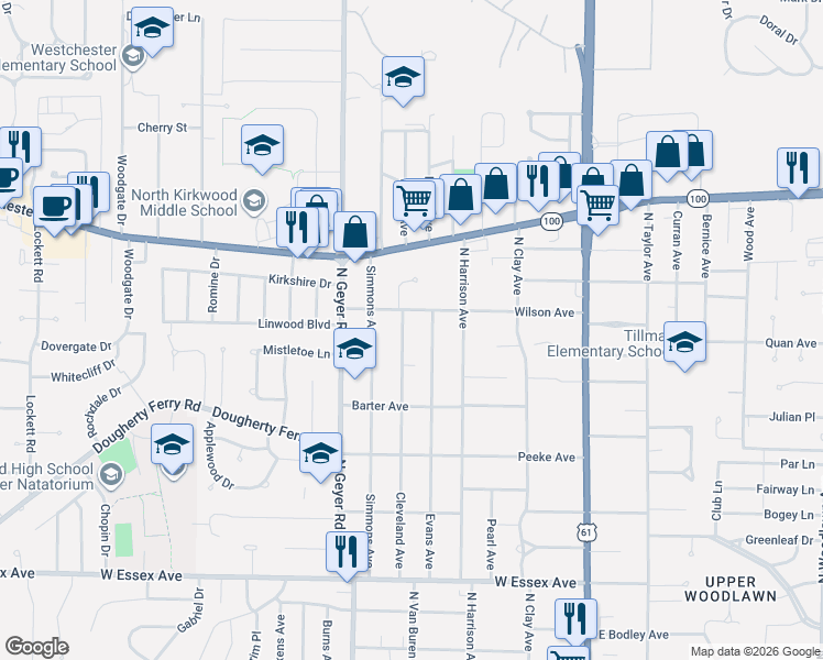 map of restaurants, bars, coffee shops, grocery stores, and more near 967 Evans Avenue in Kirkwood