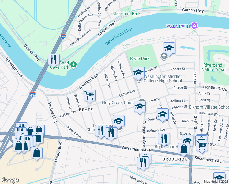 map of restaurants, bars, coffee shops, grocery stores, and more near 629 Smilax Avenue in West Sacramento