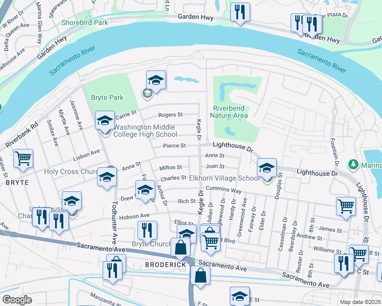 map of restaurants, bars, coffee shops, grocery stores, and more near 1004 Anna Street in West Sacramento